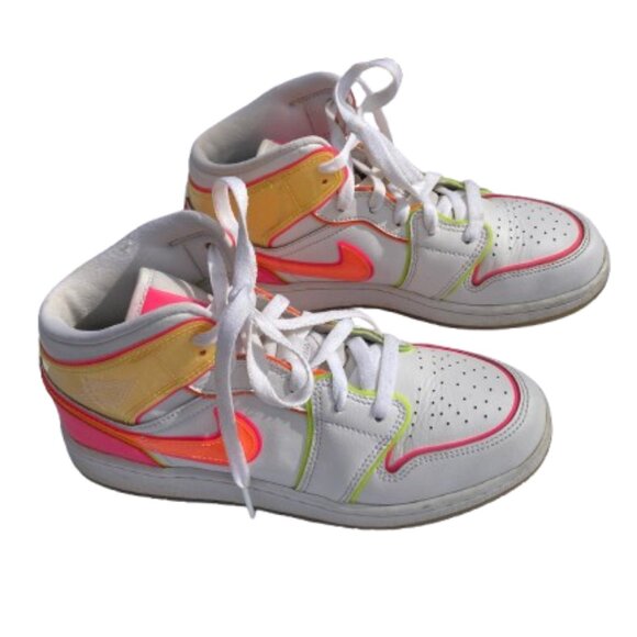 Nike Girls Air Jordan 1 Hightops Mid GS "Edge Glow" White with Neon Colors, 6Y - Picture 11 of 11